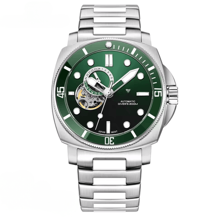 Valenor Automatic – Diver Signature watch with green dial and silver bracelet.