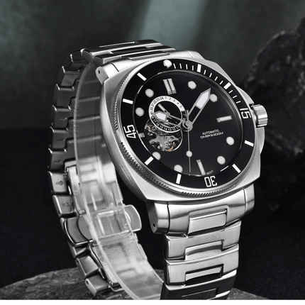Valenor Automatic Diver Signature watch with stainless steel strap and black dial