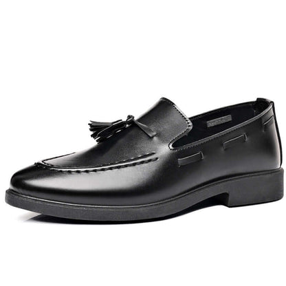 Valente Leather Tassel Loafers in premium black synthetic leather with a sleek tassel design, perfect for men's formal occasions and slip-on comfort.