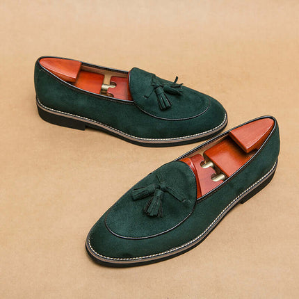 Valenti Italian Suede Loafers, men's leather loafers, green suede with tassel, slip-on comfort, elegant formal loafers for men.