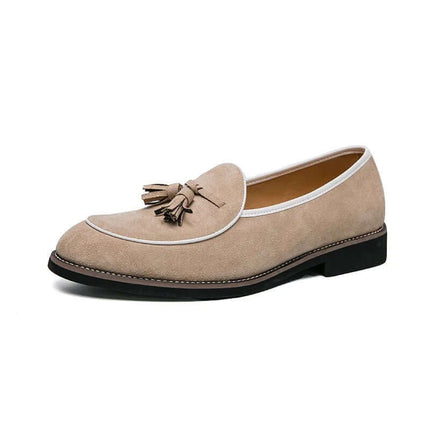 Valenti Italian Suede Loafers in beige with tassel detailing, showcasing slip-on comfort and luxury for men's formal and casual wear.