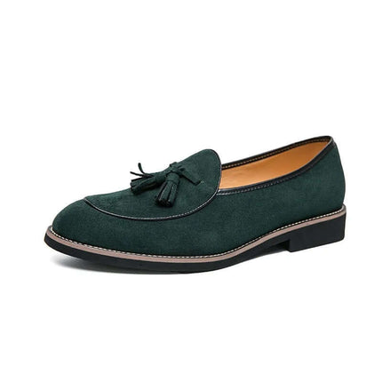 Valenti Italian Suede Loafers in green, featuring a sleek pointed design, tassel detail, and cushioned footbed for formal elegance and comfort.