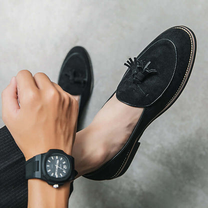 Valenti Italian Suede Loafers with tassel detailing, showcasing luxury men's slip-on leather shoes for formal occasions.