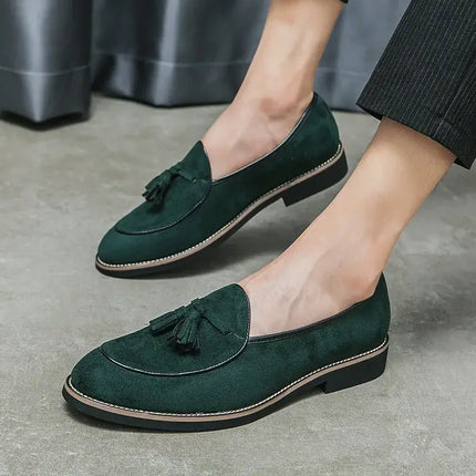 Valenti Italian Suede Loafers in green, elegant slip-on men's leather loafers with tassel detailing on durable sole, perfect for formal style.
