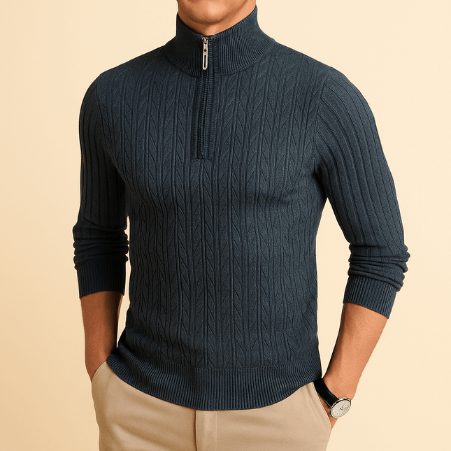 Valerio Quarter-Zip Sweater for men, showcasing warm ribbed knit texture and modern mock neck, ideal for layered winter knitwear.