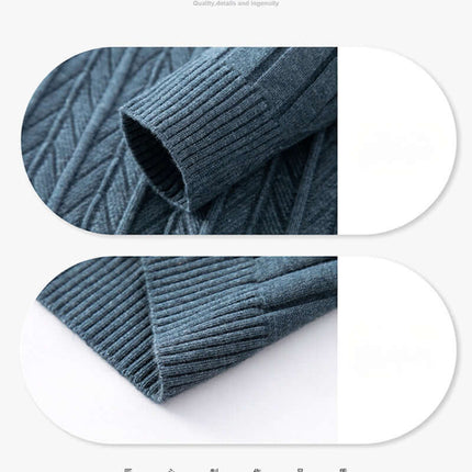 Close-up of Valerio Quarter-Zip Sweater showing ribbed texture and soft wool-blend fabric, perfect for men's winter style and layering.