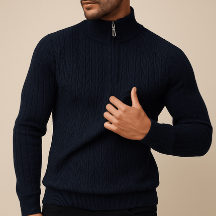 Valerio Quarter-Zip Sweater in navy wool-blend, showcasing ribbed texture and mock-neck design, perfect for men's winter knitwear layering.