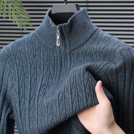Valerio Quarter-Zip Sweater in soft wool-blend knit, showcasing ribbed texture and mock neck design for stylish men's winter knitwear.