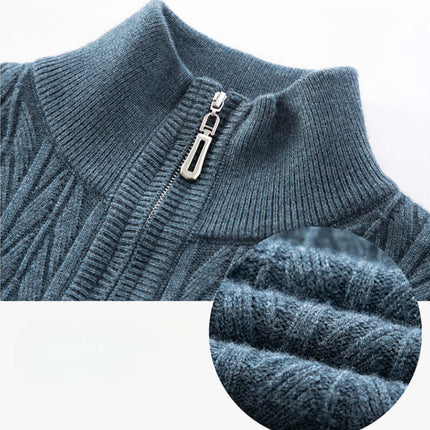 Valerio Quarter-Zip Sweater showcasing ribbed texture and mock neck, ideal for men's winter style, offering warmth and cosy layering.