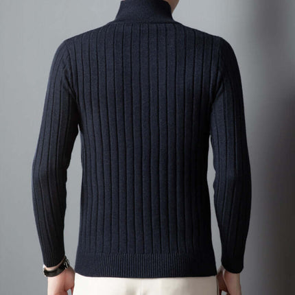 Back view of Valerio Quarter-Zip Sweater in navy, showcasing ribbed texture, soft wool-blend fabric ideal for warmth, comfort, and winter style.