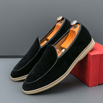 Vallare Leather Loafers - black suede, men's slip-on luxury shoes showcasing premium leather and stylish formal design on a red box.