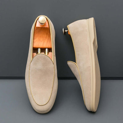 Vallare Leather Loafers in beige, minimalist slip-on design with cushioned insoles, showcasing elegance and comfort for men.