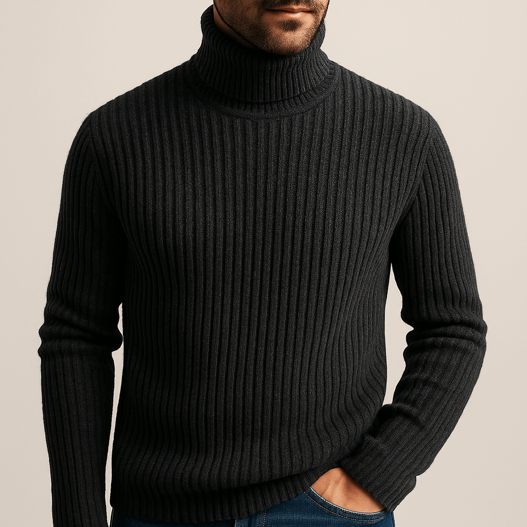 Varezzi Turtleneck men's winter sweater in black, showcasing thick ribbed knit and structured collar. Warm, soft knitwear for cold weather style.