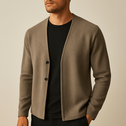 Vellano Knit Cardigan on a man showcasing warm men's winter knitwear, featuring a soft ribbed wool blend and decorative two-button detail.