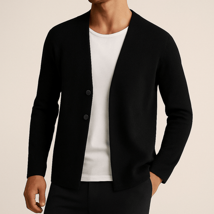 Vellano Knit Cardigan in soft black wool blend, featuring a refined two-button design for effortless winter style and cozy comfort.