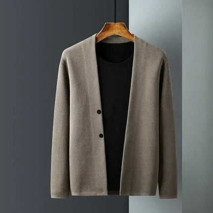 Vellano Knit Cardigan in soft wool blend with two-button detail, perfect for men's winter style and cozy layering.