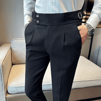Men's Veneto Dress Pants showcasing breathable cotton blend with waffle weave, adjustable side tabs for comfort and versatile modern style.