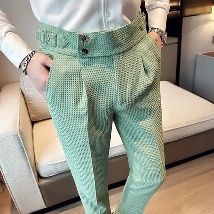 Green Veneto Dress Pants for men featuring a breathable waffle weave, adjustable side tabs for a flexible fit, perfect for everyday wear.