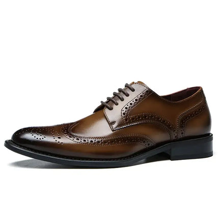 Vicenza Dress Shoes in genuine leather with wingtip brogue detailing, glossy finish, orthopedic insole, and stacked heel.