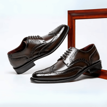 Vicenza Dress Shoes - genuine leather brogues with orthopedic insoles, wingtip detail, glossy finish, and stacked heel for men.