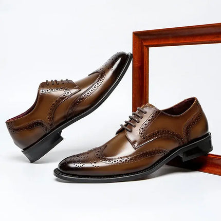 Vicenza Dress Shoes - brown genuine leather brogues with wingtip detailing, glossy finish, orthopedic insoles, and stacked heel.