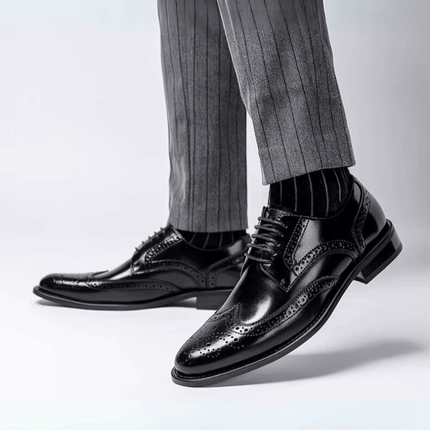 Vicenza Dress Shoes - genuine leather brogues with wingtip detailing, orthopedic insole, glossy finish, and stacked heel for men.