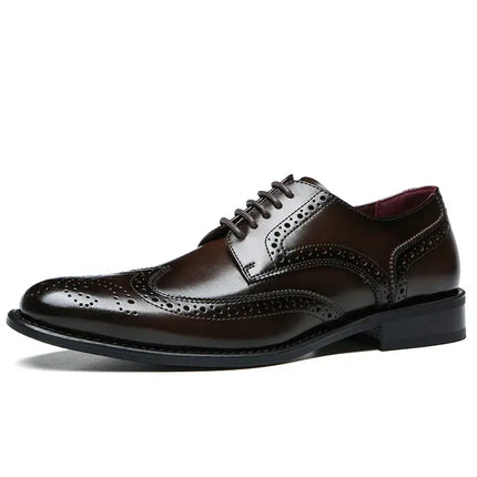 Vicenza Dress Shoes - Genuine leather brogues with wingtip detailing, glossy finish, and orthopedic insoles for modern gentlemen.