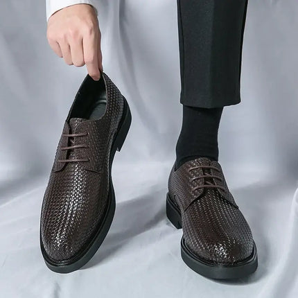 Man wearing Woven Leather Dress Shoes with orthopedic cushioned insole and classic lace-up style, showcasing woven texture.