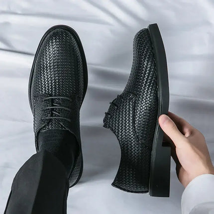 Woven Leather Dress Shoes with orthopedic cushioned insole, classic lace-up style, showcasing textured premium leather design.